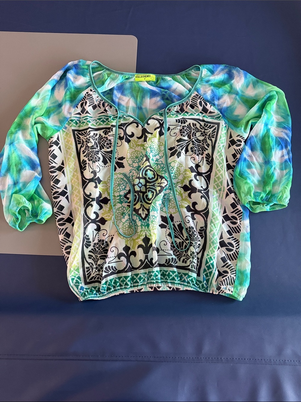 Boho Tile-Print Scoop Neck Blouse in Aqua & Mint